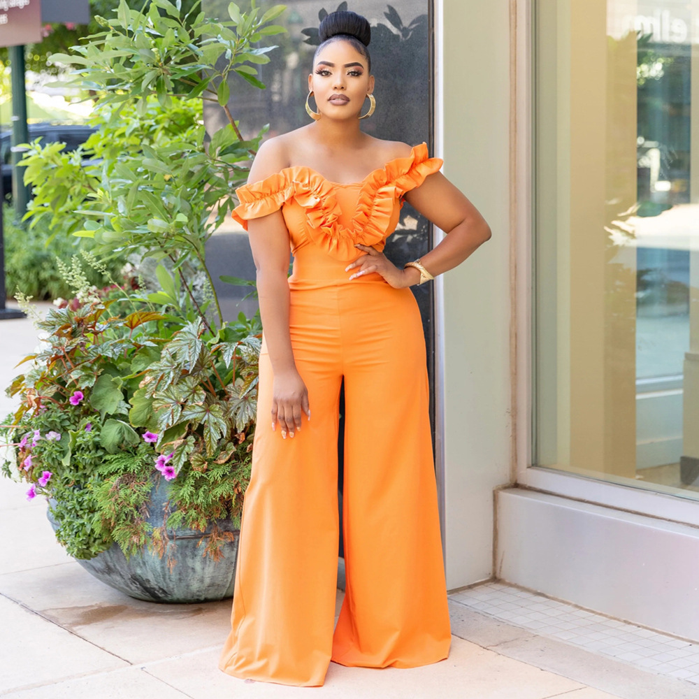 Elegant Women's One Shoulder Ruffled Slim Fit Jumpsuit Solid Colour_voghion.com