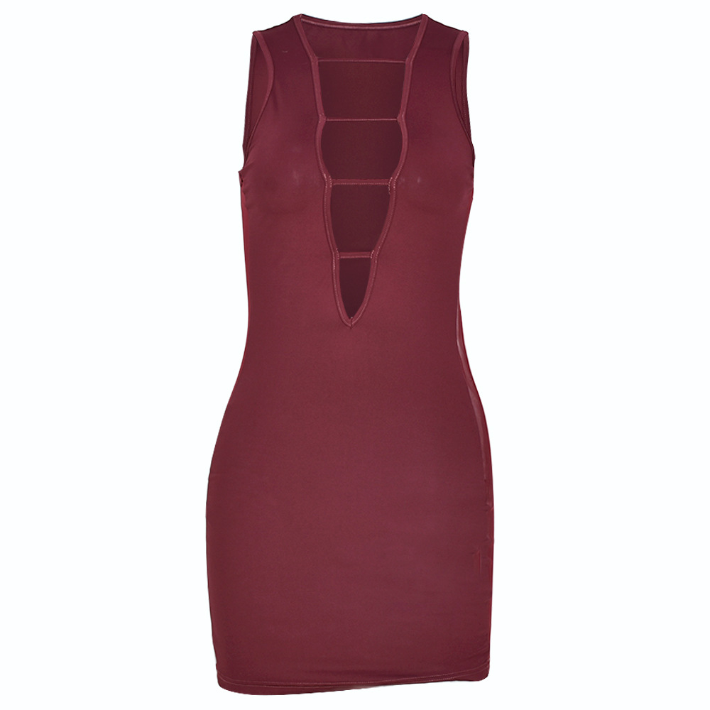 Wine Red Sleeveless Hollow Tight Dress NSFR103536