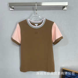 南油高端女装lo26早春新款纯棉袖口撞色圆领刺绣短袖修身T恤女