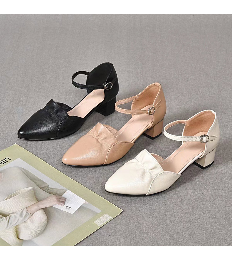 Sandal da nữ mũi kín gót vuông 2,5 cm kiểu dáng nông khoét lỗ đế mềm — Gót 2,5 cm màu trắng Be chi tiết 10