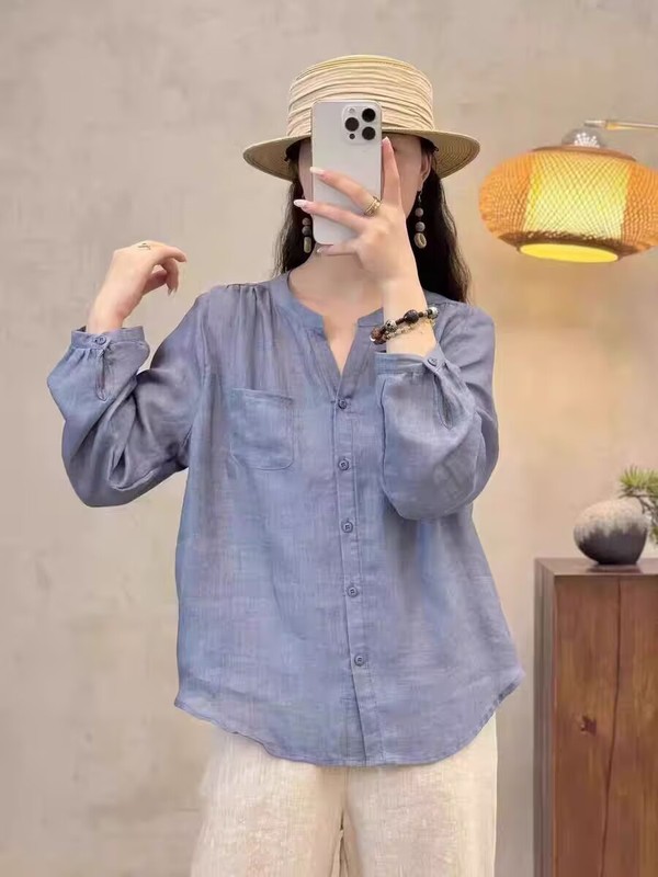 早秋V领苎麻长袖衬衫女上衣2025新款宽松显瘦防晒百搭棉麻衬衣潮|undefined