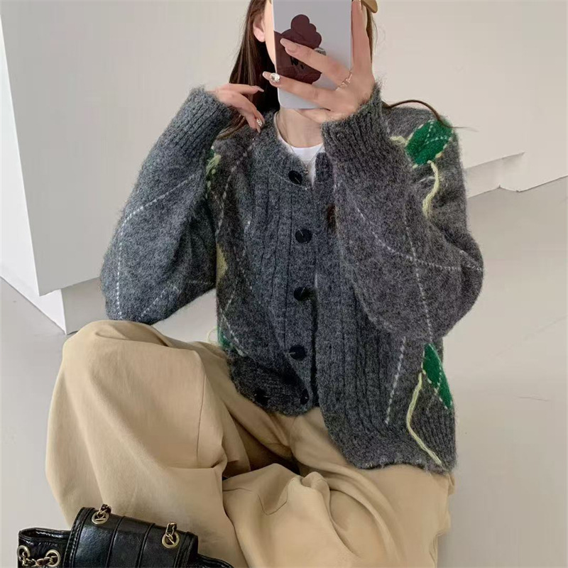 法式时髦提花圆领外套女宽松秋季新款撞色复古菱形毛衣开衫外套女|undefined