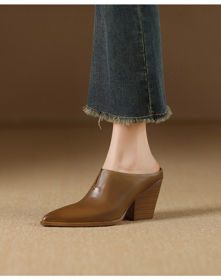 Giày mule nữ da bò mũi nhọn gót cao 7 cm phong cách Âu Mỹ — đen chi tiết 7