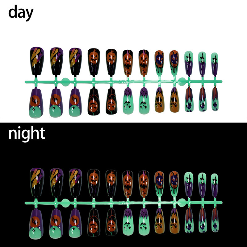 夜光万圣南瓜欧美穿戴甲跨境美甲甲片穿戴甲批发pressonnails甲片|undefined