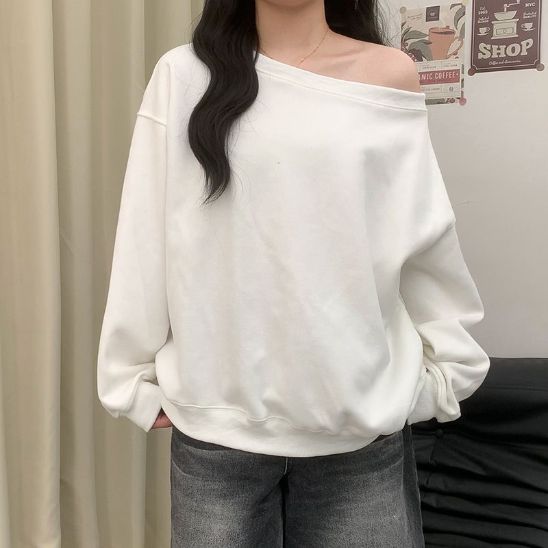 美式花灰色露肩斜肩卫衣女春秋季感宽松慵懒风斜角肩长袖上衣|undefined