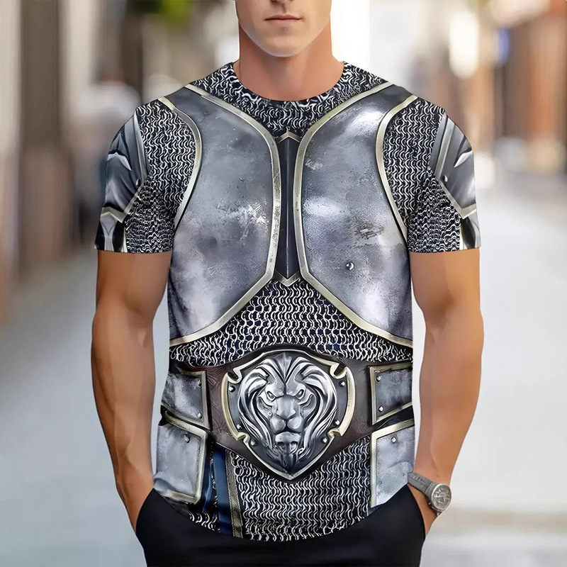 Cross-border Hot Selling Trendy Personalized Metal Armor Series 3D Printed Short-sleeved Men's Casual Round Neck T-shirt