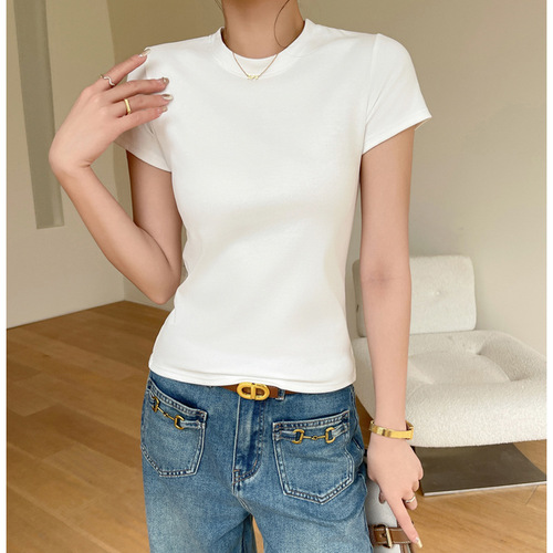 Pure Color Small Round Neck Short Sleeve Women's Spring Summer Outerwear Plus Size Fitted Base Shirt