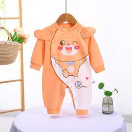 婴儿春秋季长袖纯棉连体网红偏襟新生儿爬服男女宝宝卡通薄款哈衣