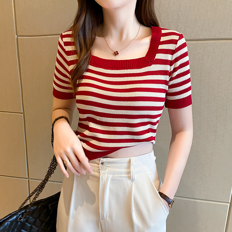 Red striped square collar short-sleeved T-shirt for women Summer new contrast color ice silk sweater slim slimming short top Red striped square collar short-sleeved T-shirt for women Summer new contrast color ice silk sweater slim slimming short top