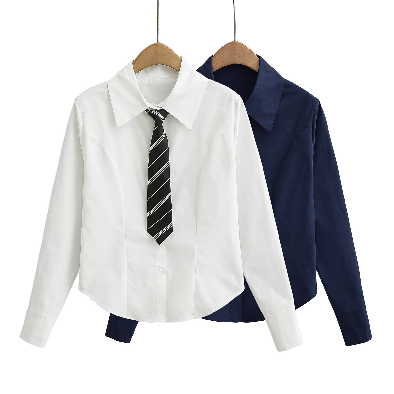 Age-reducing college style with tie solid color long-sleeved shirt female schoolgirl slim slimming lapel single-breasted cardigan shirt