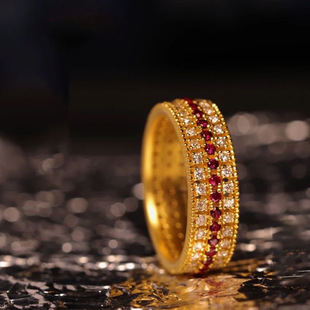 18K Gold Three-Row Starry Moissanite Rose Stone Ring Au750 Gold Index Finger Ring Cultivated Pigeon Blood Red Palace Style Ring