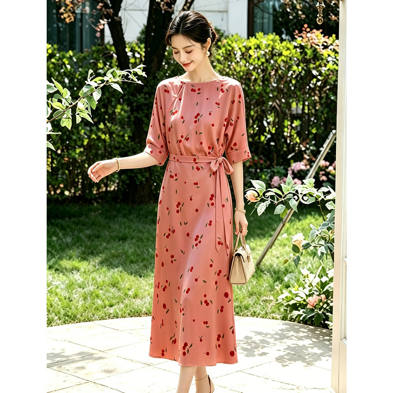 6A Grade Real Silk Mulberry Silk Cherry Print Dress for Women Summer 2026 French Retro V-Neck Short-Sleeved Waist-Cinching Long Dress