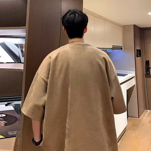 Men's Summer Loose Fit Short Sleeve T-Shirt, Japanese Style Trendy Ins Retro Minimalist Casual Half Sleeve Bodysuit with Faux Fur