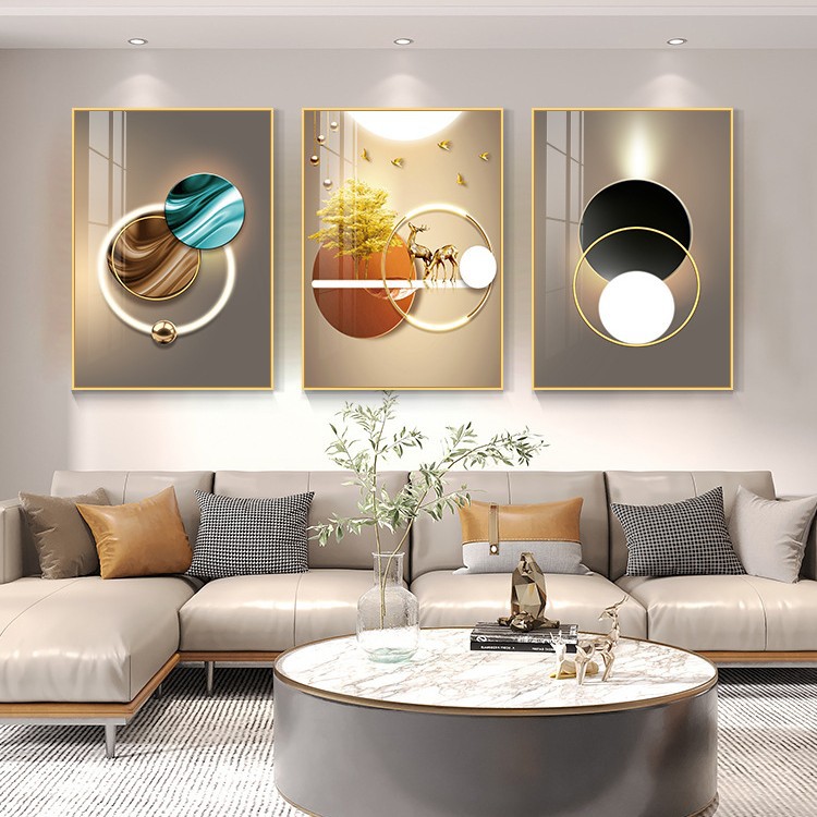 Pintura de decoración de la sala de estar moderna de lujo ligera Fukuyan atmósfera tripartita mural significa un buen fondo de sofá pintura colgante de pared