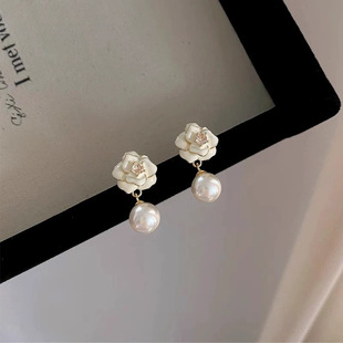 Authentic LNIEER925 Silver Needle Light Luxury White Rose Pearl Earrings Women's 2024 New Hot Stud Earrings High Sense