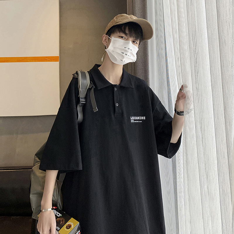 Camiseta de manga corta para hombre primavera y verano estilo Hong Kong ins marca de moda camisa de polo suelta de solapa CARTA DE TODO fósforo más tamaño camiseta