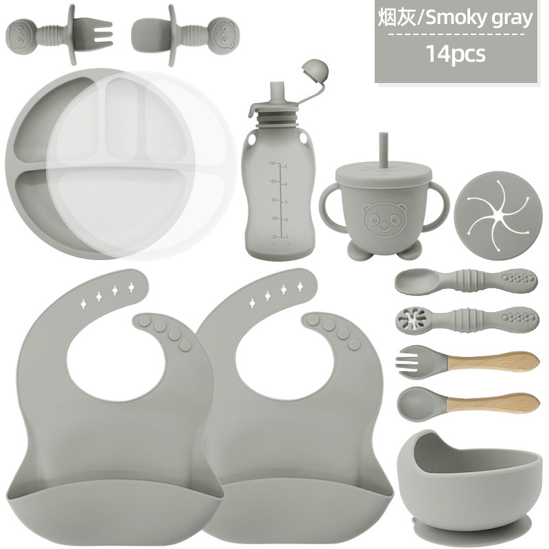 Juego de vajilla para niños, productos para bebés, tazón de silicona, tenedor, cuchara, tazón de comida para bebés, plato, vajilla de silicona de grado alimenticio