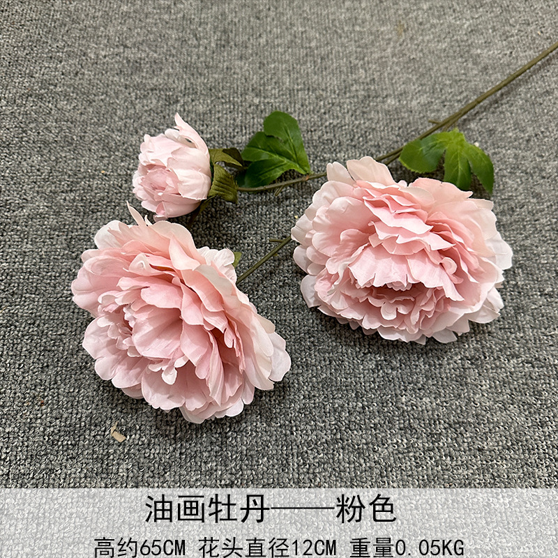 Flores artificiales de peonía de 3 cabezas, estilo Luoyang, pintura al óleo, flores falsas para decoración de bodas, salones, hogares y hoteles.