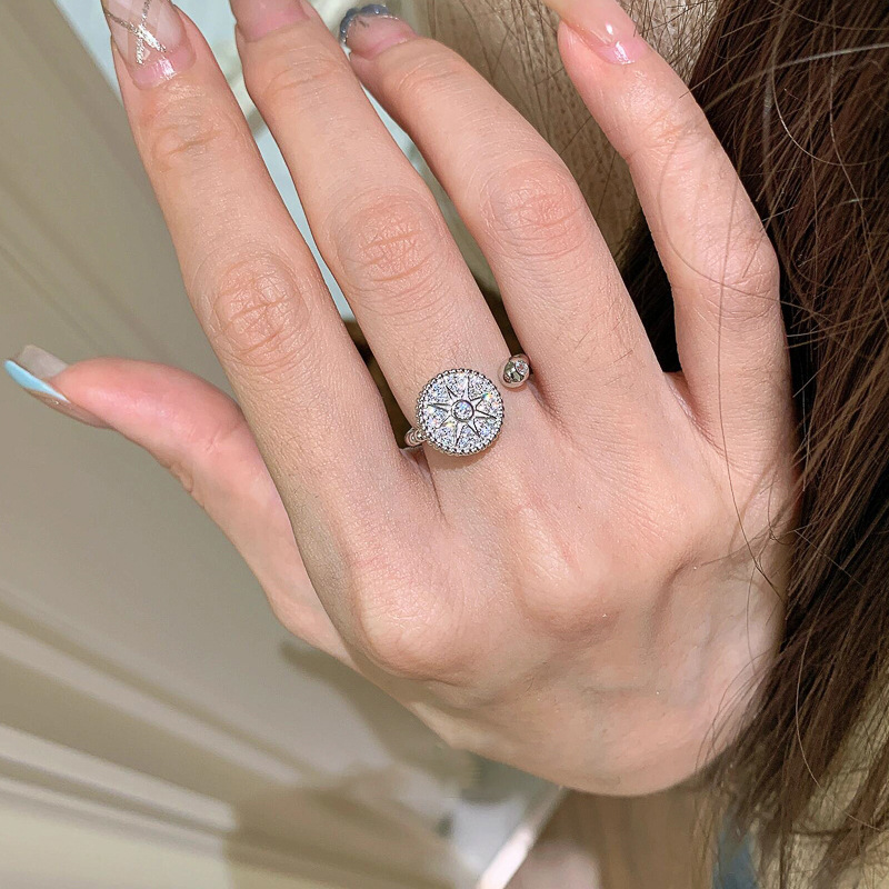 S925 Sterling Silver Starburst Compass Ring For Women Adjustable_voghion.com