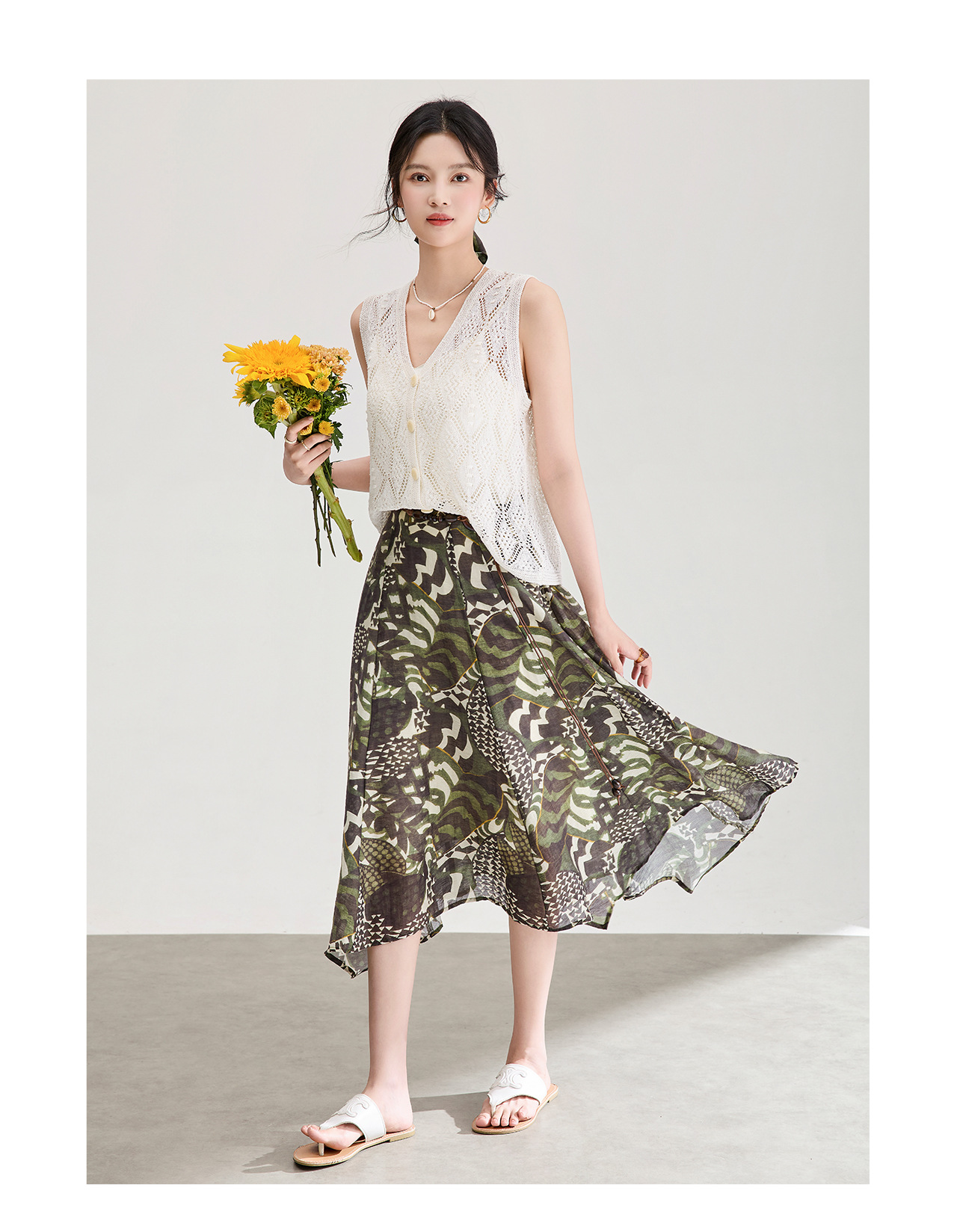 Chân váy xếp ly nữ xòe dáng bất đối xứng chất liệu cotton pha linen — xanh lá cây chi tiết 12