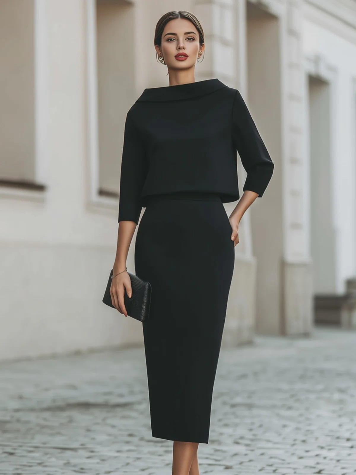 Elegantes Damen Set Mit Boot Ausschnitt Top Und Rock_voghion.com