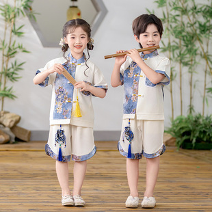 Summer Universal Tang Suit Chinese Style Ethnic Suit for Boys and Girls, New Children's Day Performance Clothing, Short-Sleeved Parent-Child Clothing