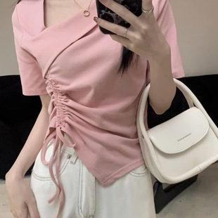 French 2025 Drawstring Asymmetrical Short-Sleeved T-Shirt Women's Summer New Design American Sexy Top