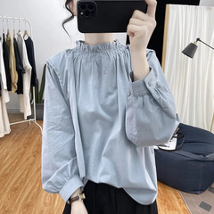 頭の長袖のゆったりとした肉を遮るtシャツ春夏のハスの葉の襟の灯籠の袖の綿麻の長袖の女性のタイプの洋気の減齢の上着