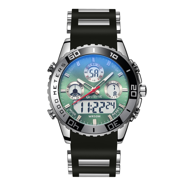 Stryve hombres de doble pantalla deportes impermeable reloj electrónico cuarzo calendario cuarzo reloj luminoso s8023