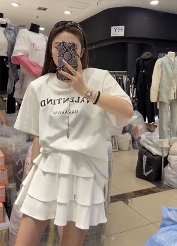 Korean Version Instagram Fashion Personalized Set for Women Summer Printed Short Sleeve T-Shirt and Cake Skirt Two-Piece Set