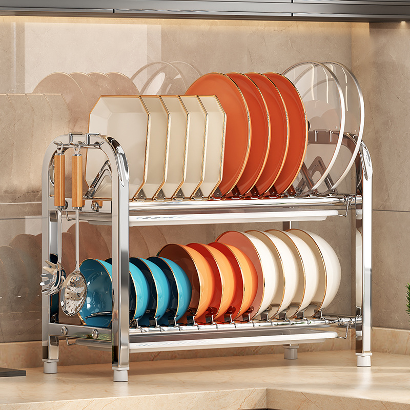Estante de platos de acero inoxidable, estante de cocina, tablero de cubierta, palillos, platos, platos, platos, platos, estante de agua, almacenamiento de doble capa