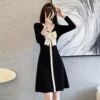 2022 Autumn and winter new pattern French V-neck bow Small fragrant wind Dress temperament Waist Show thin A word skirt Hepburn