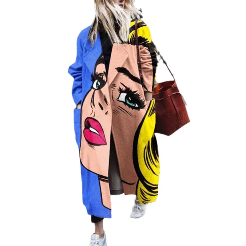 Abrigo de Lana con Estampado y Solapa de Modal Manga Larga para Otoño
