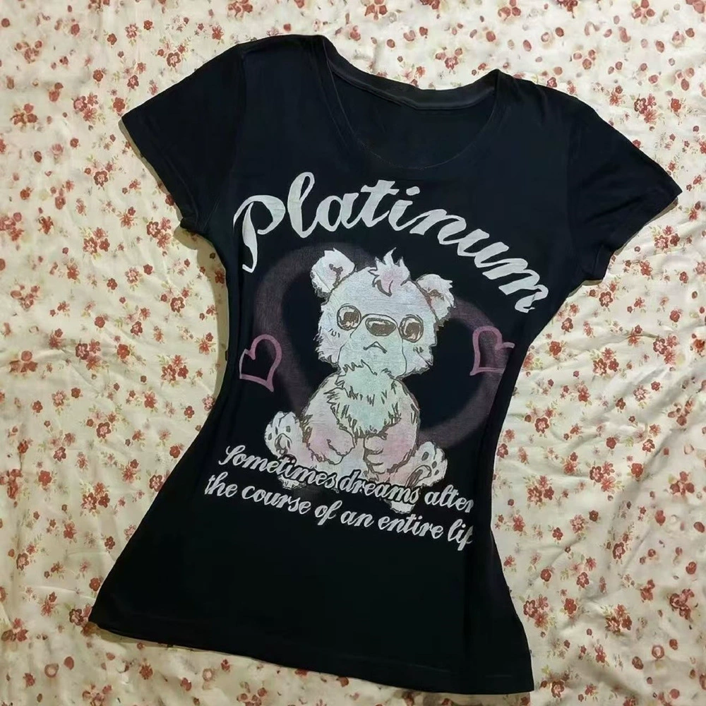 Американский ретро vintage Черная футболка с короткими рукавами с короткими рукавами женская 2025 летний дизайн короткий горячий блузка