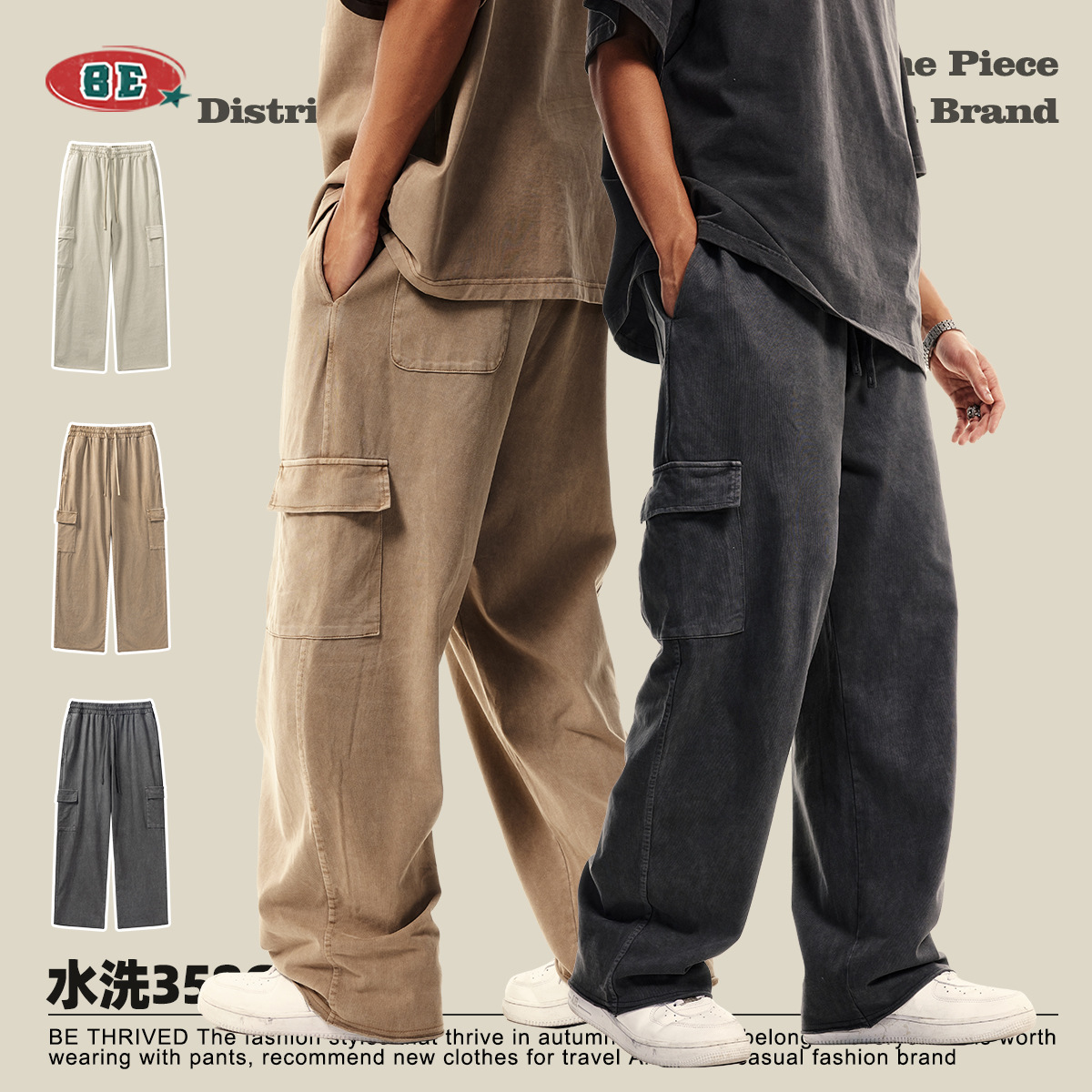 BE men's spring and summer new trousers for teenagers thin multi-pocket straight pants high street work style casual pants men