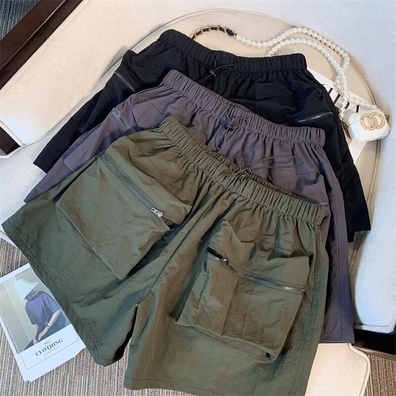 Black Cargo Shorts for Women, Summer Thin Style, Petite, Loose Fit, A-Line, Quick-Dry Sports Pants, American Wide-Leg Pants