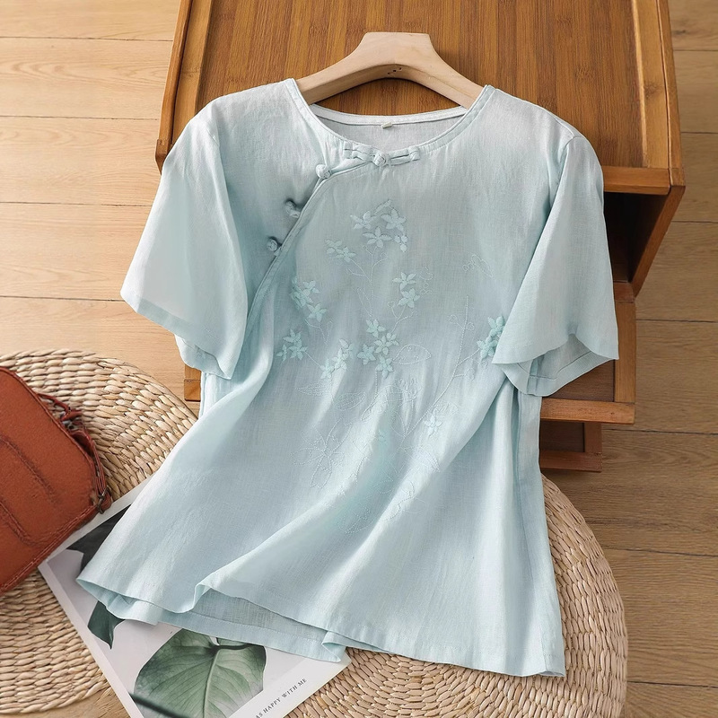 2025 Short-sleeved Shirt Women's Embroidered Loose Artistic Retro Fashion Shirt Top Women's Slant Placket Buckle Summer New