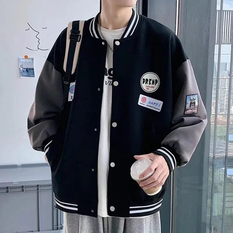 Jaqueta versátil e solta para dropshipping internacional, estilo uniforme de beisebol com emendas simples, estilo retrô americano masculino.
