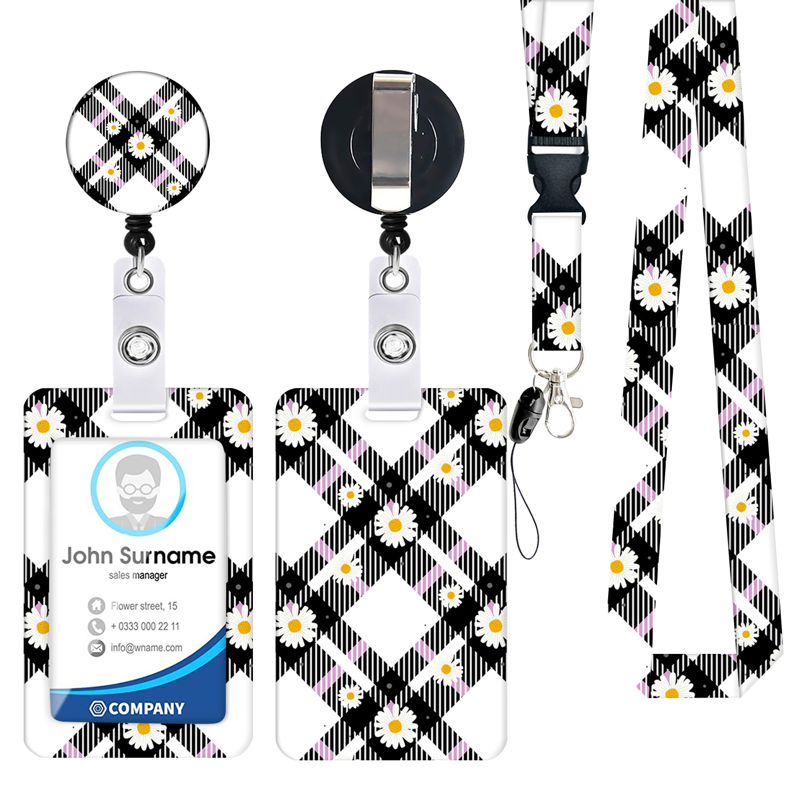 Amor gato negro mariposa flor impresión en color retráctil fácil tire hebilla teléfono móvil ID hebilla cordón titular de la tarjeta