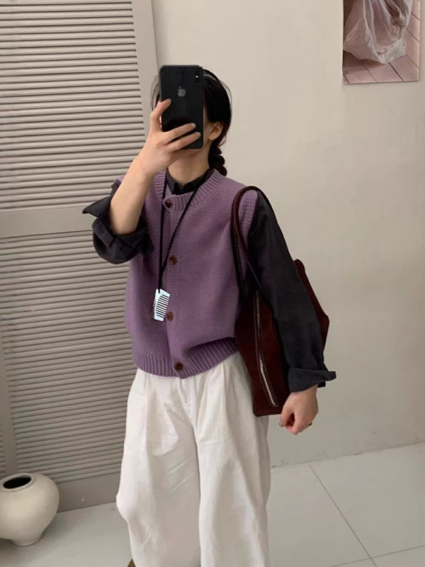 韩系叠穿毛针织马甲开衫女2025春季新款简约百搭无袖外穿背心上衣|undefined