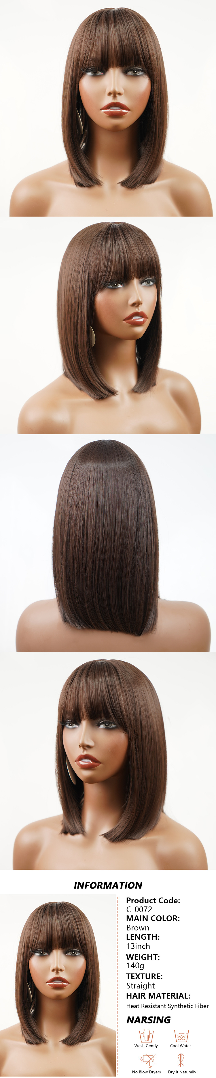 Wholesale European and American cross-border chemical fiber wigs high temperature silk bangs mechanism middle parting chestnut brown bob wigs_voghion.com