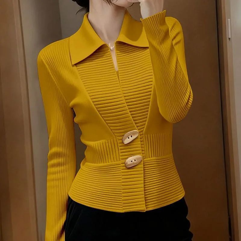 Yellow Knitwear Top for Women 2025 Autumn and Winter Style, High-End, Unique, Beautiful and Elegant, Pinch-Waist Super Nice Knitwear