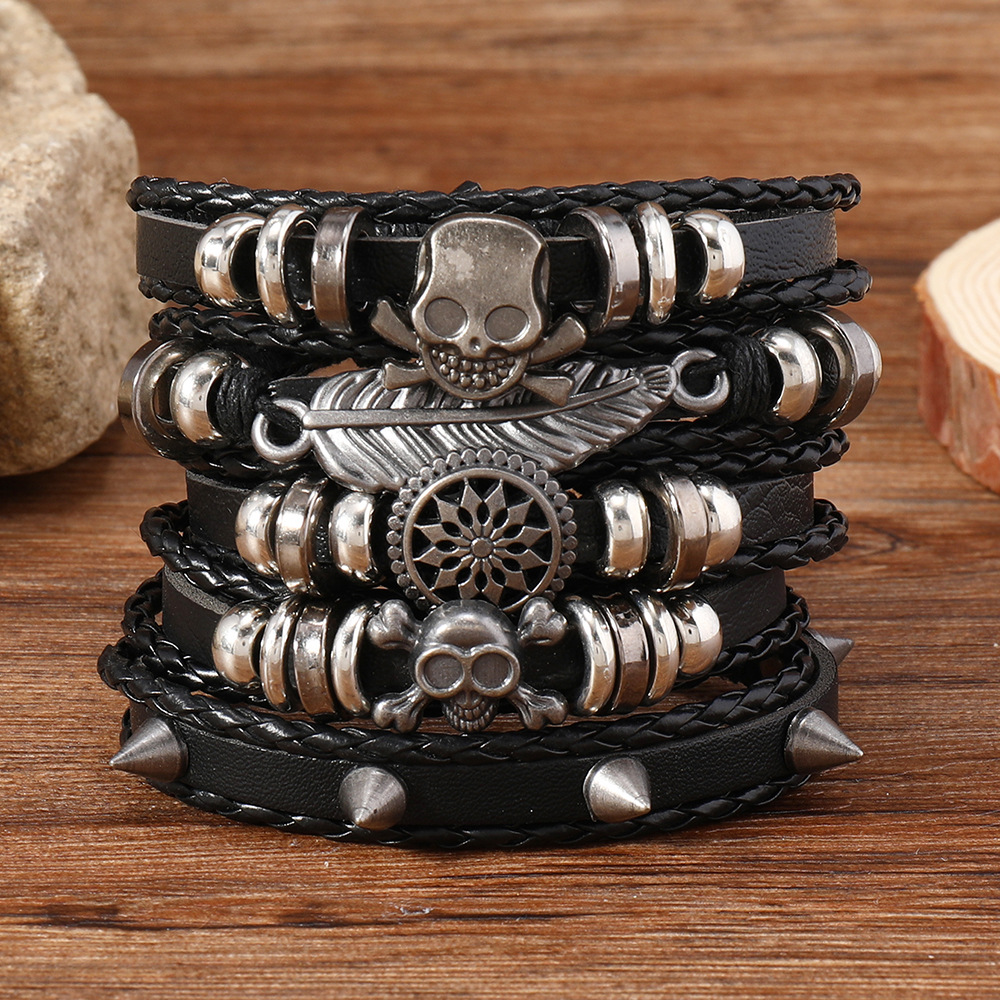Cross-Border New Product European and American Retro Style Leaf Skull Zinc Alloy Multi-Layer Hand-Woven Five-Piece Men's Bracelet