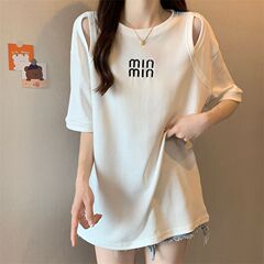 大码中长款镂空短袖t恤女夏季新款韩版设计感打底衫显瘦刺绣上衣