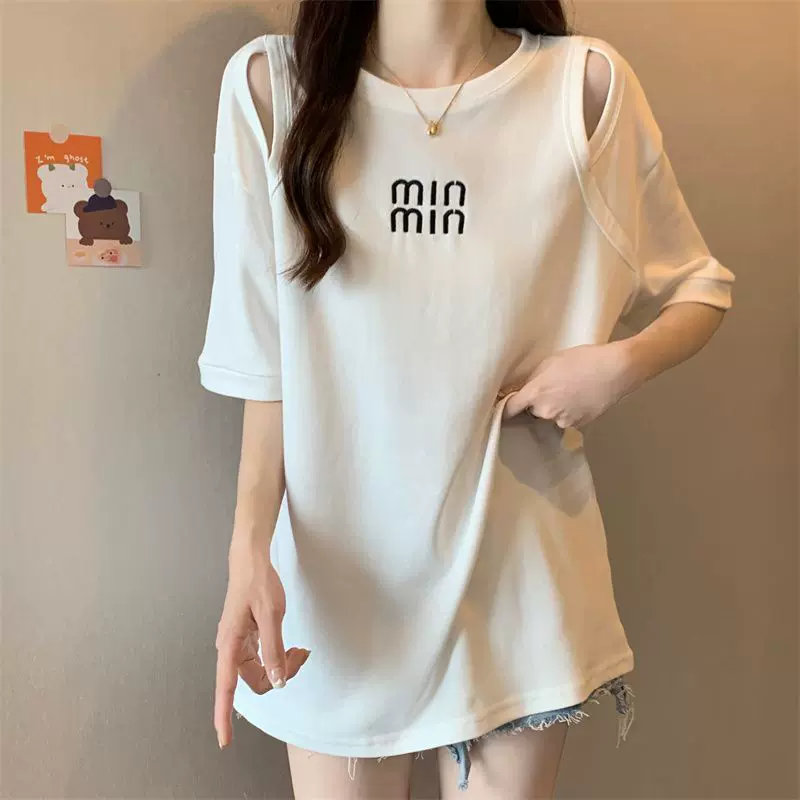 大码中长款镂空短袖t恤女夏季新款韩版设计感打底衫显瘦刺绣上衣