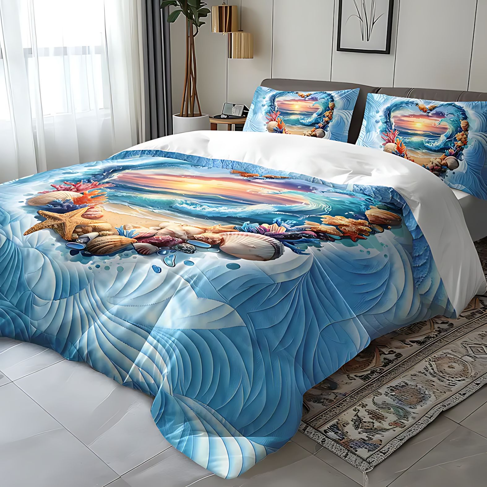 TEMU / JIT Cross-Border Abrasivo Kit de colchón amor playa impresión digital HD ropa de cama para diseñar