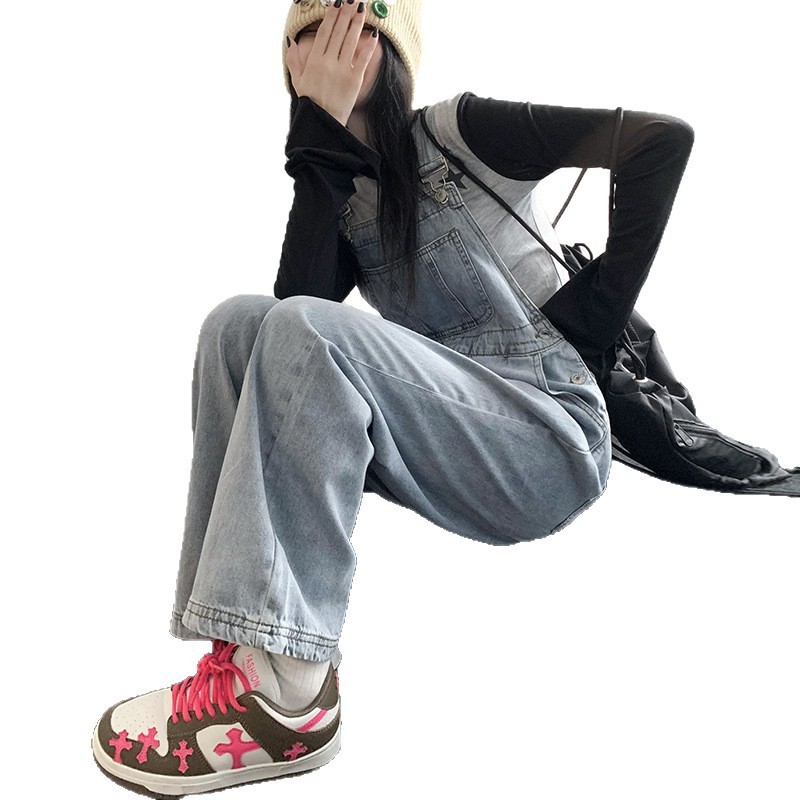 爆款牛仔阔腿背带裤女2025韩版显瘦高腰宽松减龄拖地牛仔背带裤子|undefined