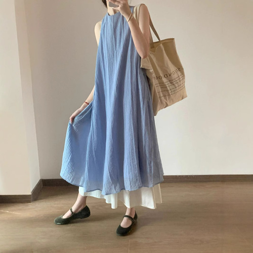 French stripe texture fake two-piece dress for women's summer new style loose slimming and draping temperament long dress