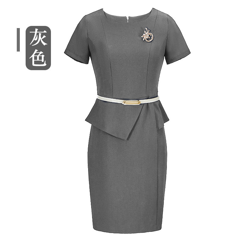 Đầm liền công sở tay ngắn dáng ôm thanh lịch — Màu xám (ngắn tay)
