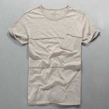 夏季新款男式短袖T恤修身竹节棉拼接口袋纯棉体恤一件代发日系男T